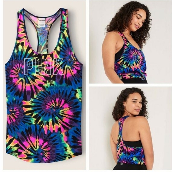 VS VICTORIAS SECRET PINKULTIMATE KNIT RACERBACK TANK TOP RAINBOW TIE DYE L